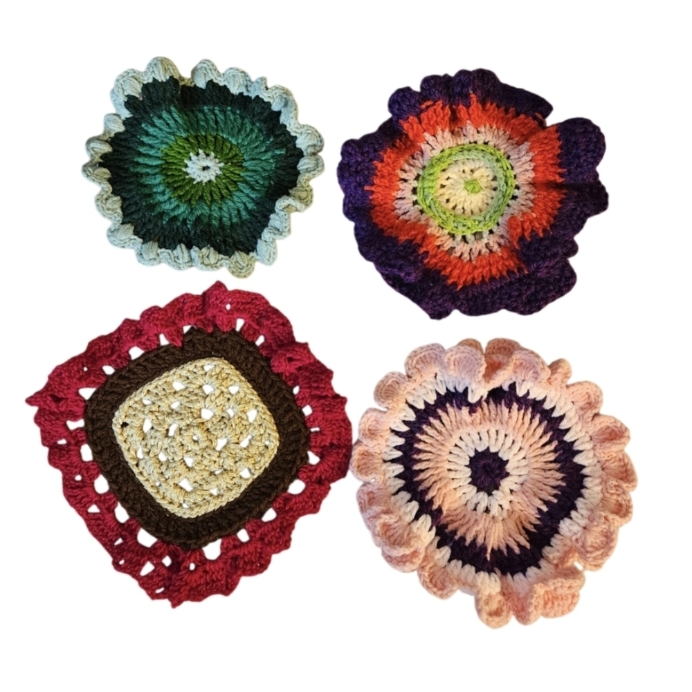Hand Crafted Floral Accessory Crochet Coasters 4pc. Set Colorful Rose Handmade